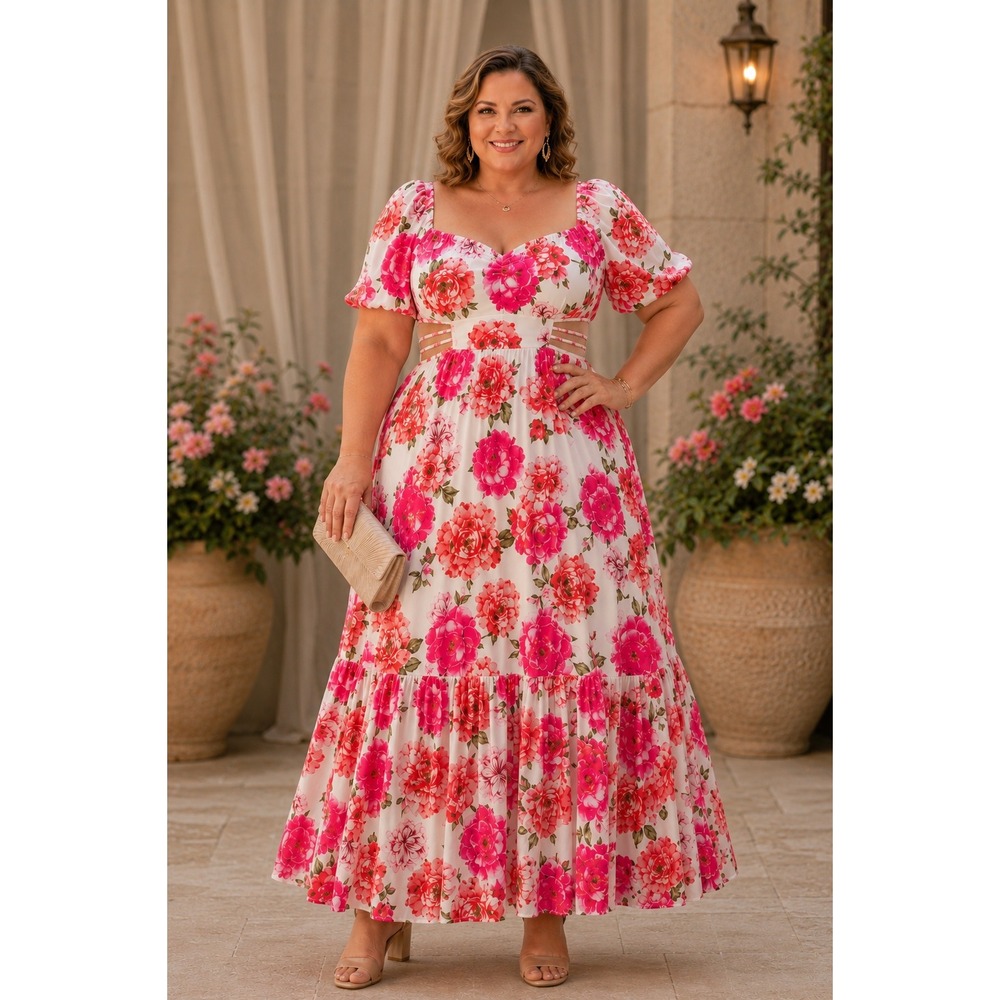 Floral Puff-Sleeve Maxi Dress in Pink and White